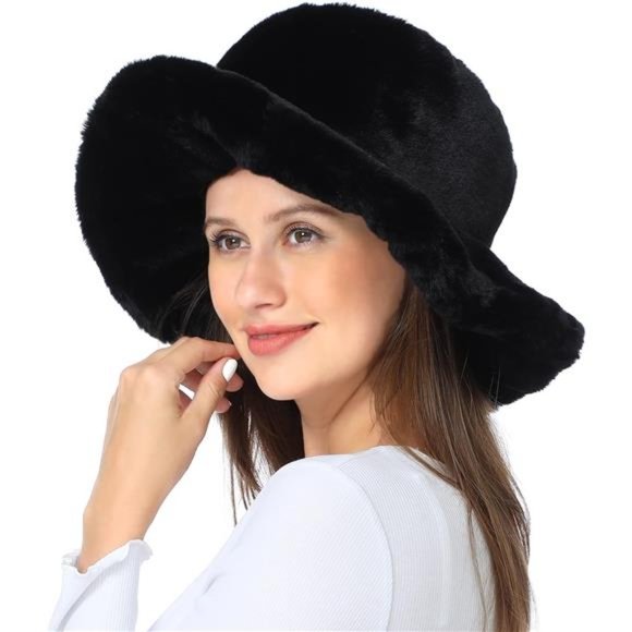 Women\'s Faux Fur Bucket Hat Winter Warmer Cap, Black
